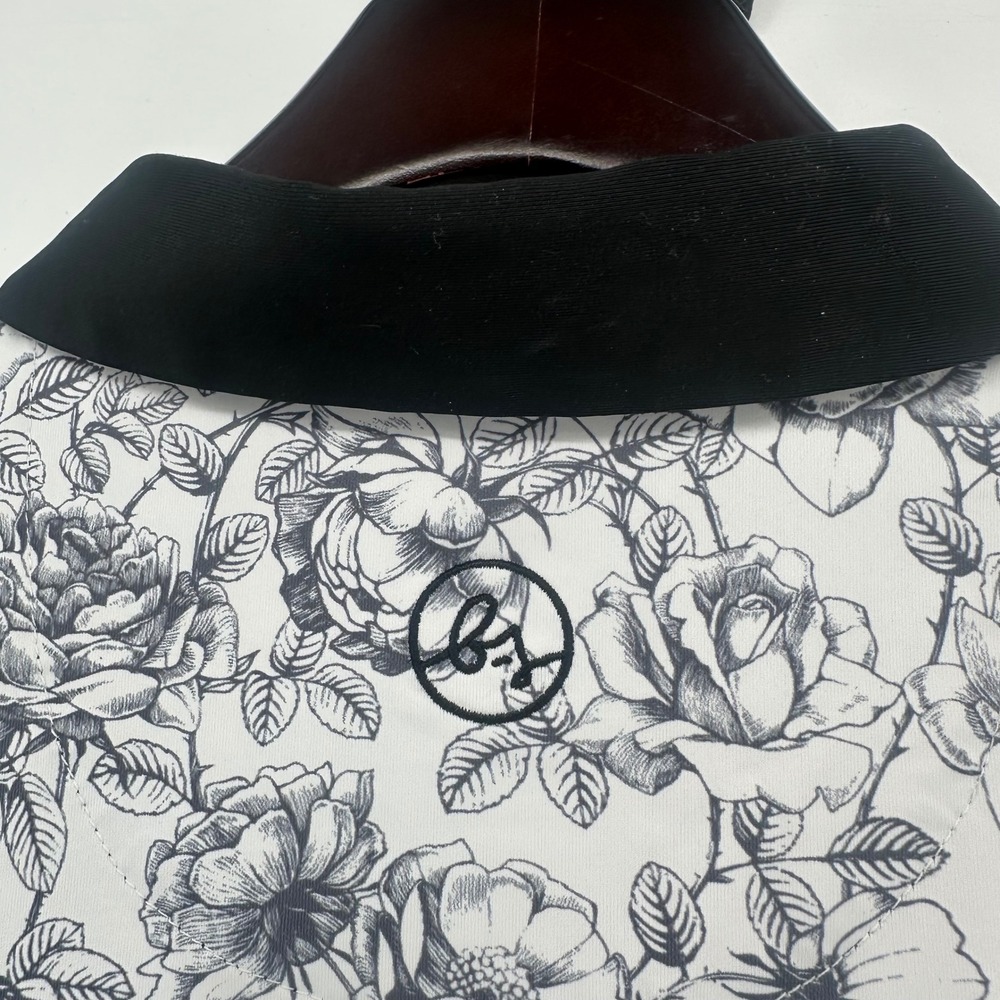 Boston Scott Golf Polo Shirt Men XL White Black Floral Rose Modern Fit UPF50 - Picture 8 of 9